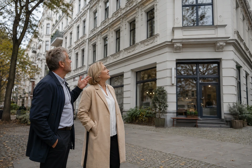 Symbolisches Eigentümergespräch vor einem Berliner Eckhaus